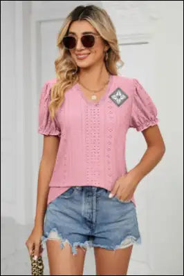 Eyelet Lace Trim Puff Sleeve Blouse e44 | Emf - Small / Pink